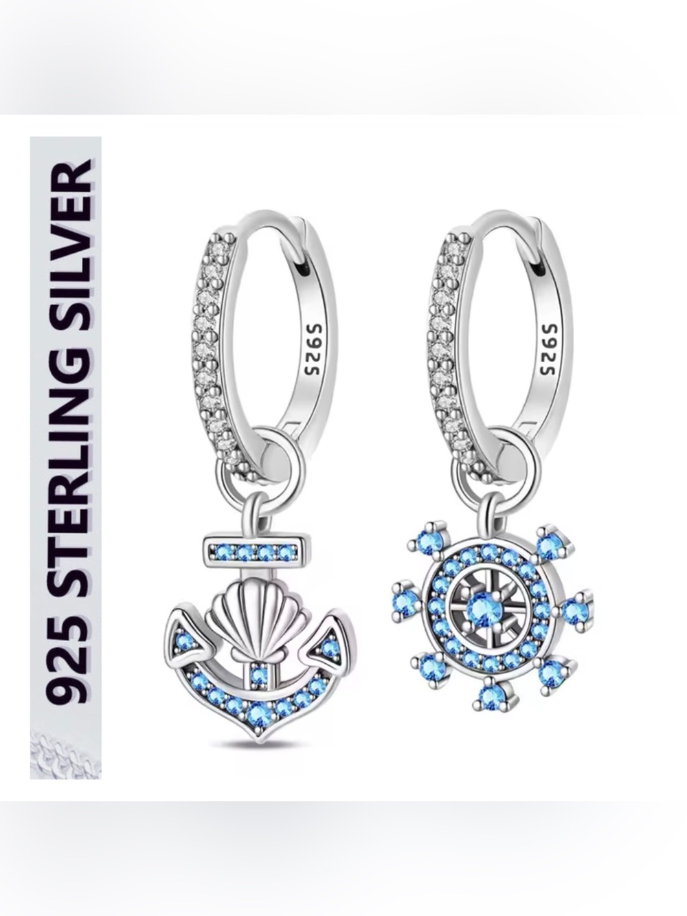 🌟🌟 S925 Sterling Silver Nautical Charm Hoop Earrings with Light Blue Crystals